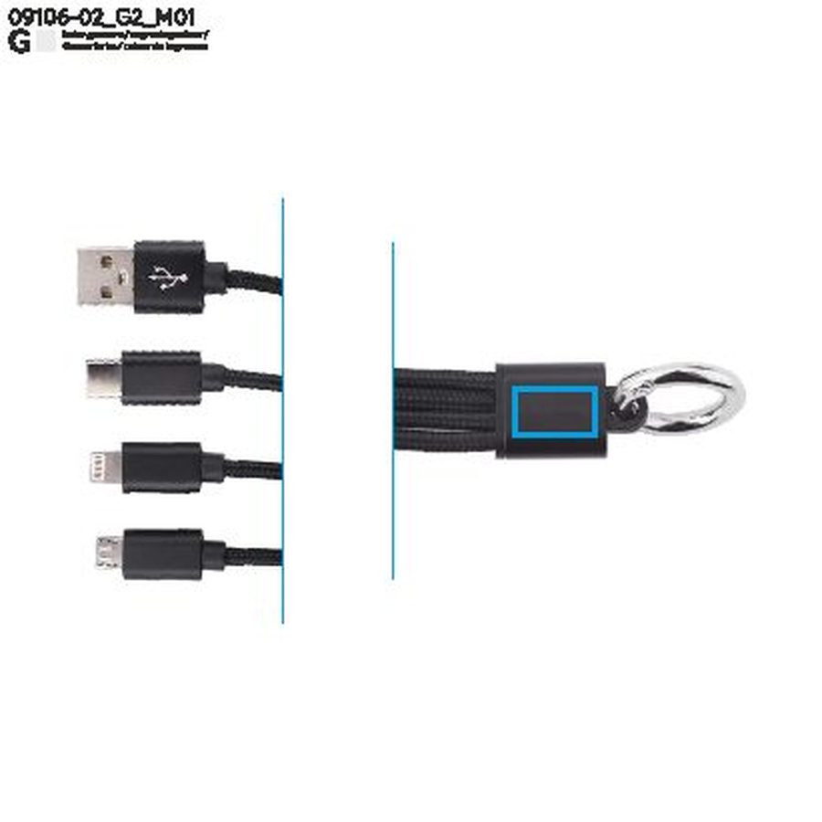 TAUS – câble USB 3 en 1: Zone de marquage avant · Gravure laser