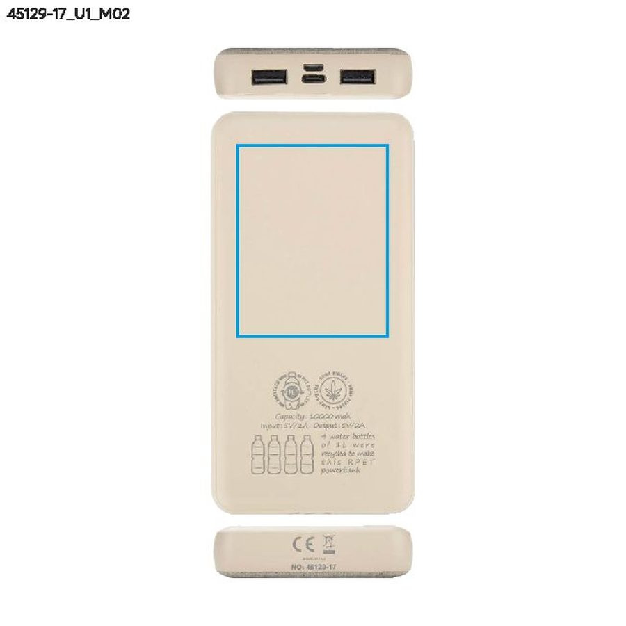 REPPO – batterie externe en rPET 10000 mAh: Zone de marquage arrière · Impression UV