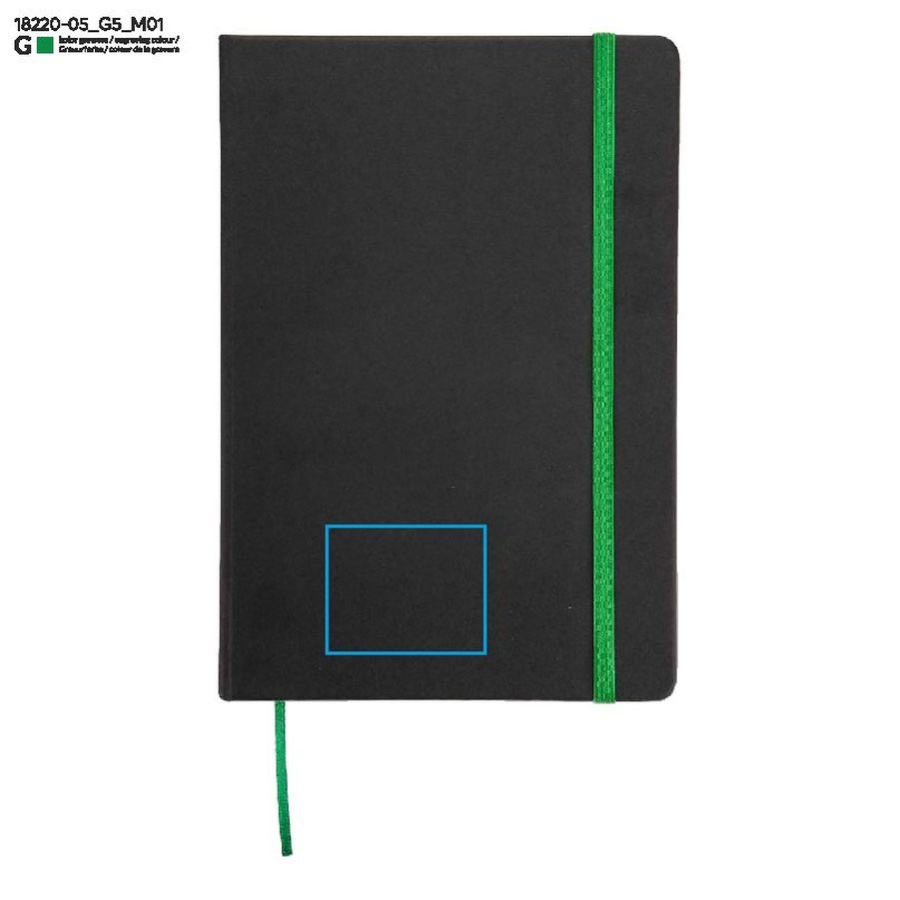Carnet quadrillé KORYO A5: Zone de marquage avant · Gravure laser