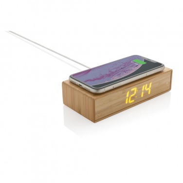 Логотрейд pекламные подарки картинка: Бамбуковый будильник с беспроводным зарядным устройством, коричневый