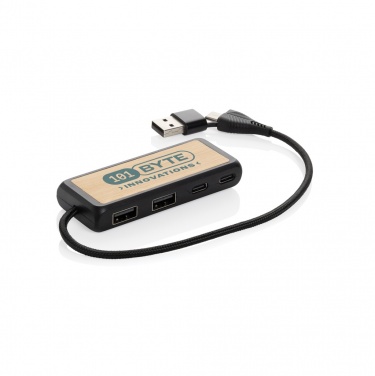 USB-концентратор Link RCS из переработанного пластика и бамбука с двумя входами, черный, с логотипом