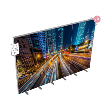Широкая выставочная стена с LED-подсветкой, ночной город, значок LED и отметка двусторонности