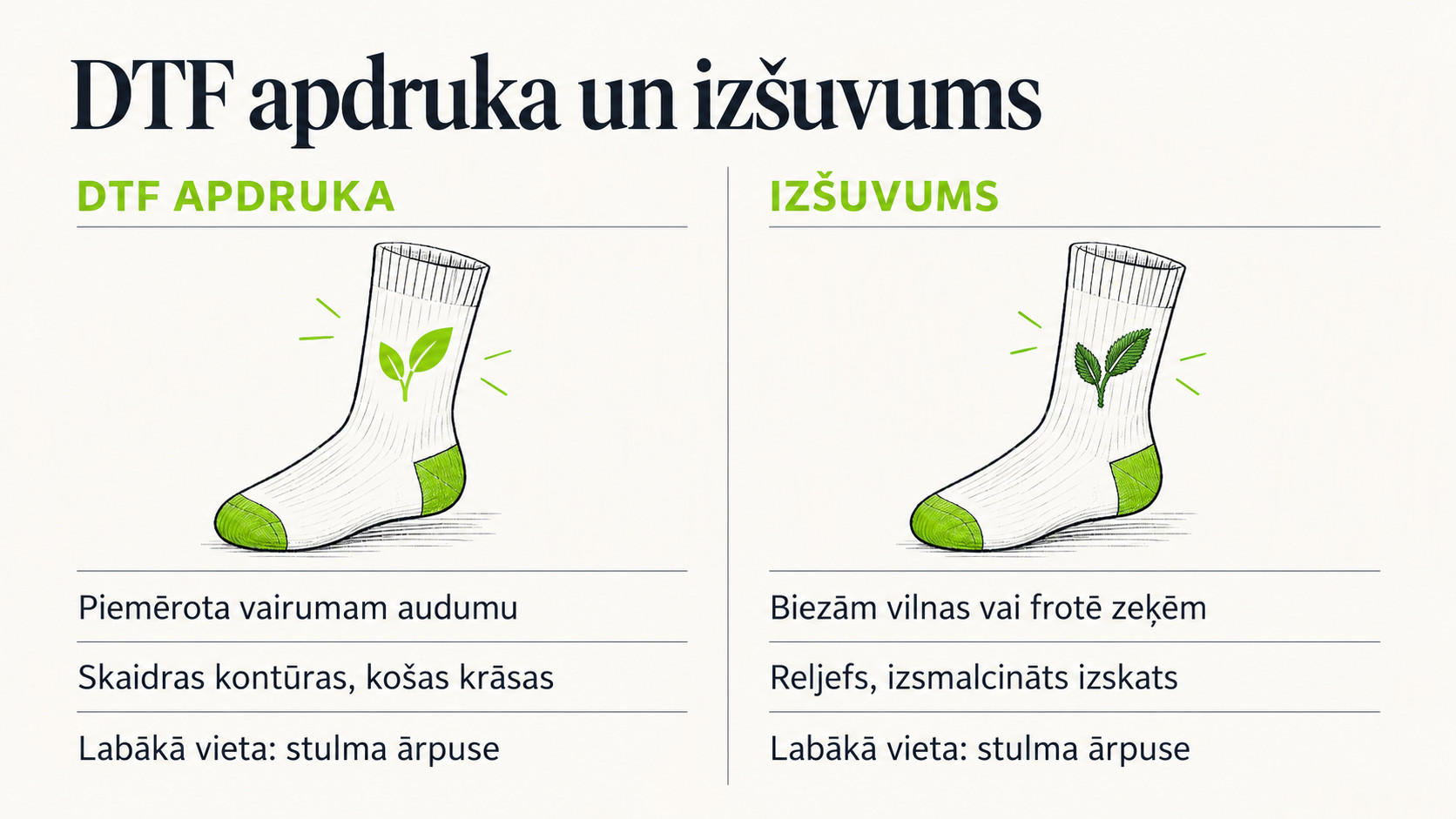 DTF drukāšanas un izšuvumu iezīmes uz zeķēm