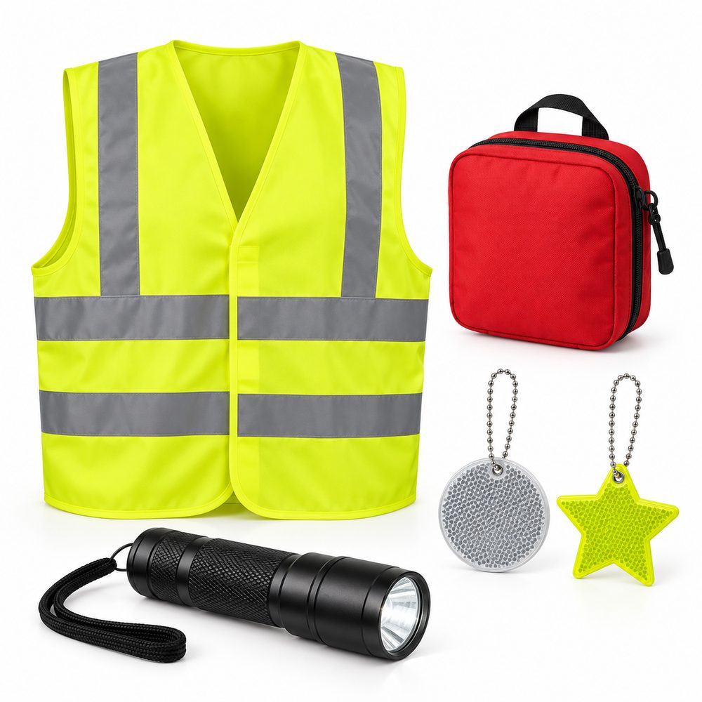 Warnweste, Erste-Hilfe-Tasche, Reflektoren und Taschenlampe auf weißem Hintergrund