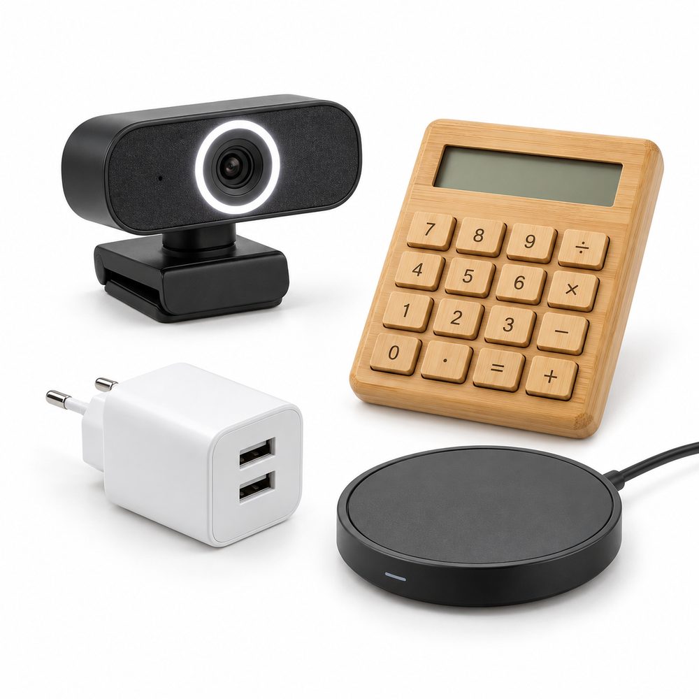 Exemples d’électronique personnalisée : webcam, calculatrice, chargeur USB et tapis rond – Logo.ee