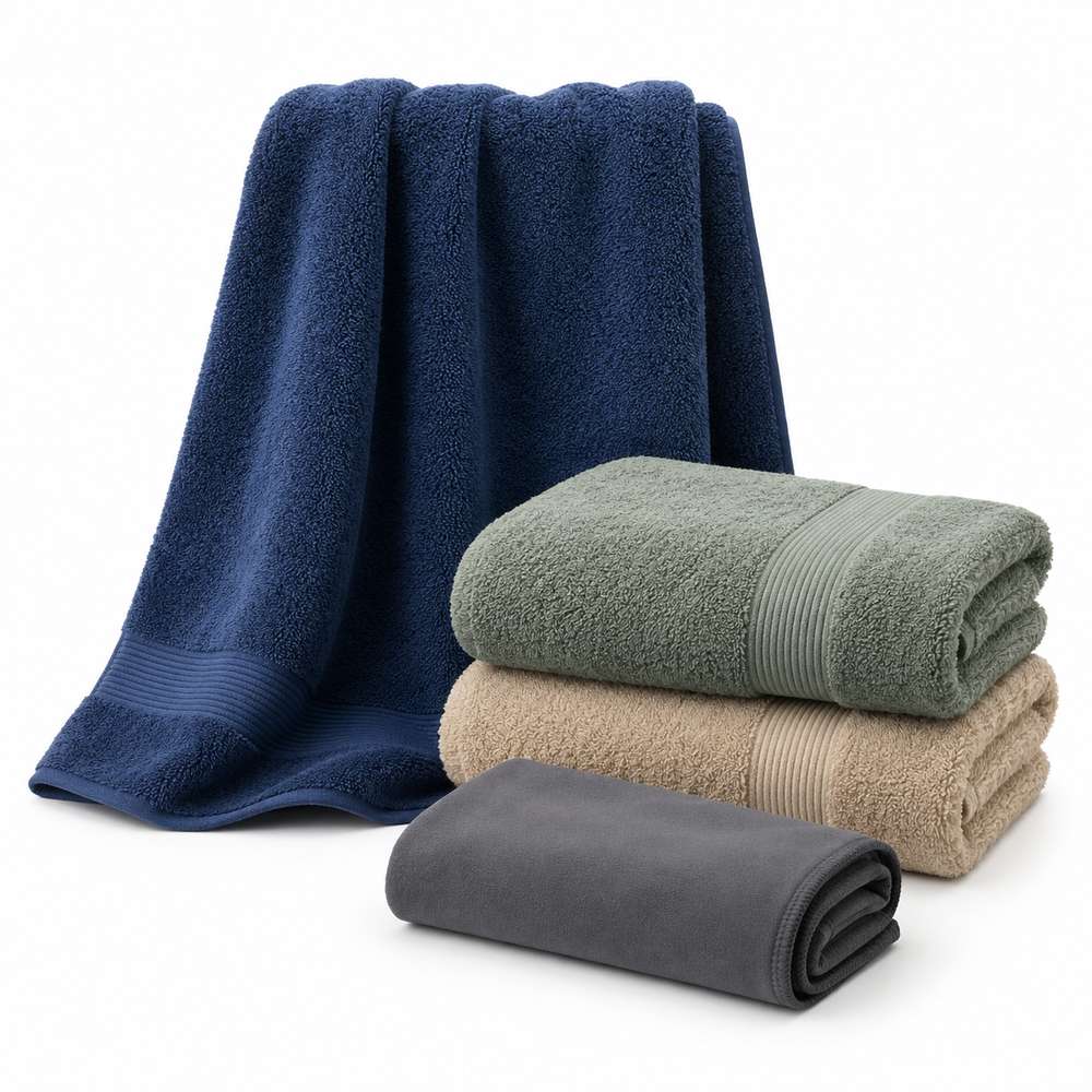 Drap de bain en éponge bleu marine, serviettes vert sauge et beige et serviette microfibre grise sur fond blanc