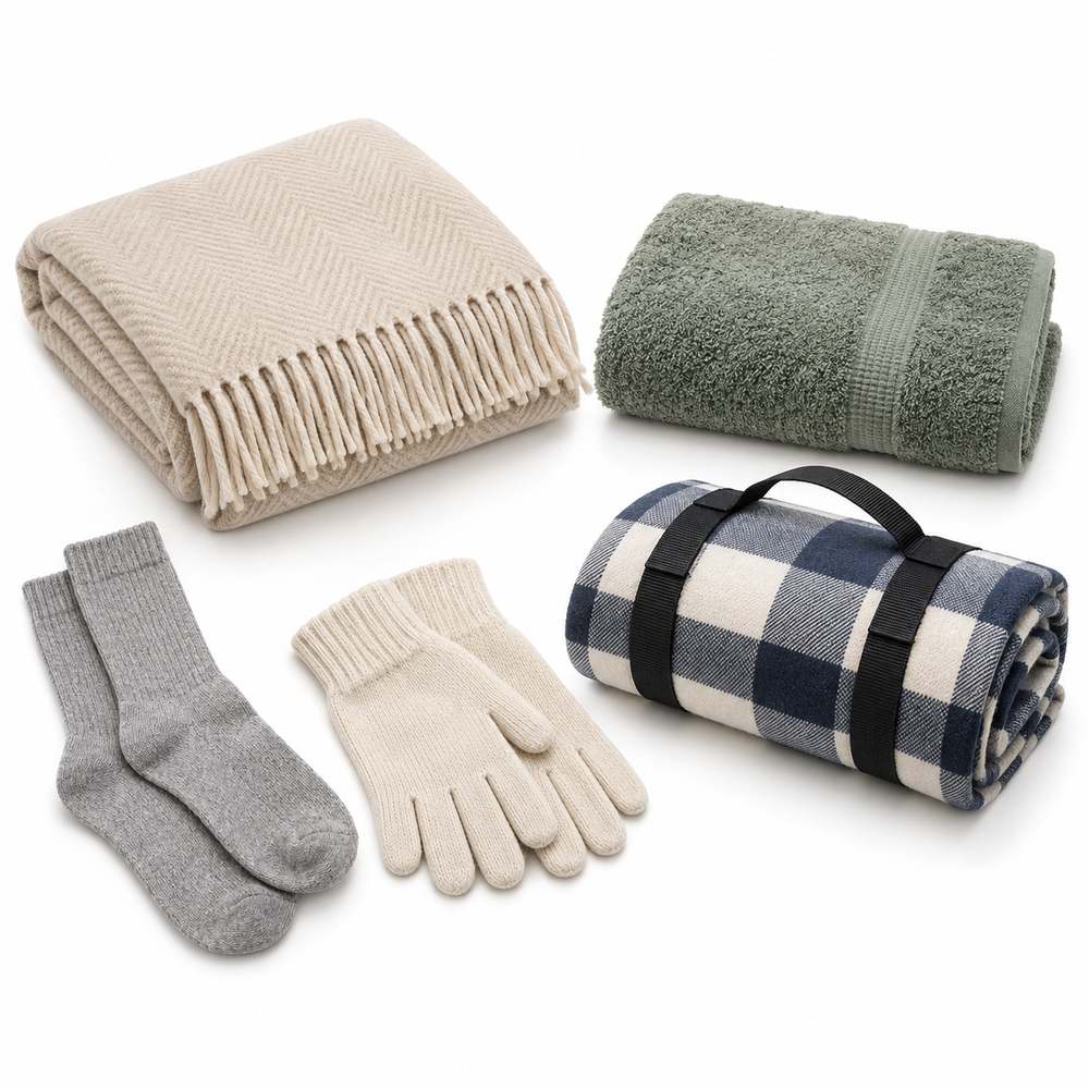 Autres textiles : serviettes, plaids, chaussettes et gants