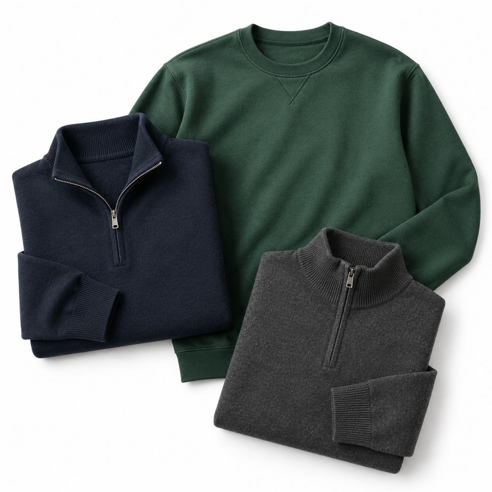 Pulls et vêtements en maille personnalisés : trois modèles neutres sur fond blanc | Logo.ee