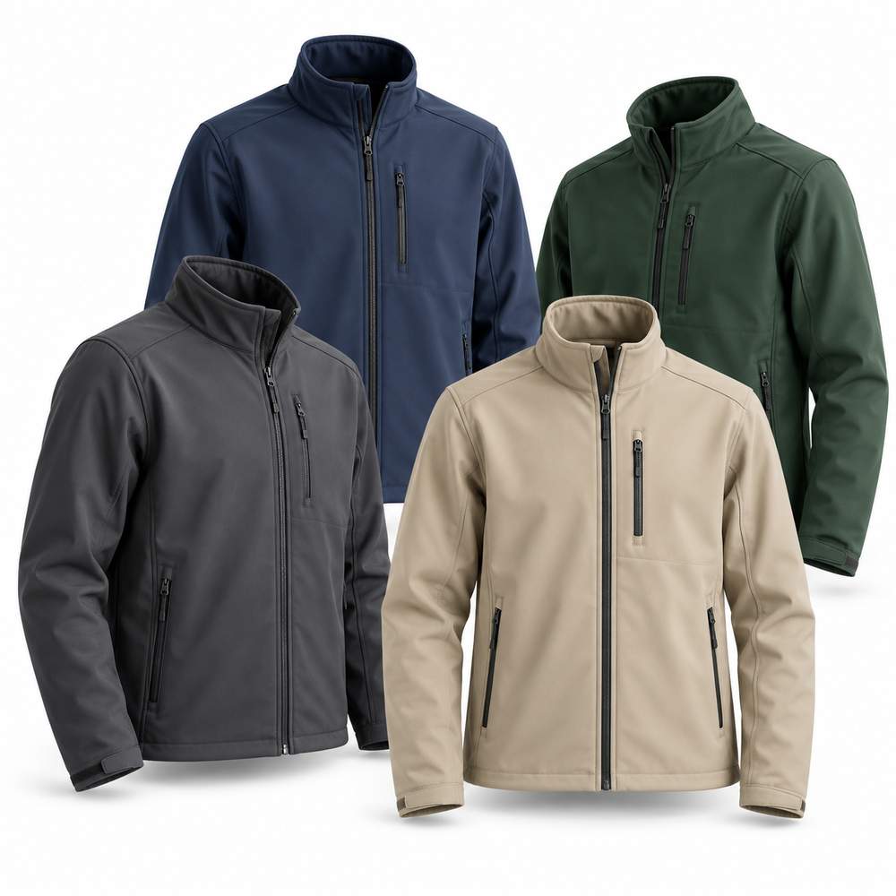 Quatre vestes softshell unies sur fond blanc : bleu marine, vert, gris et sable