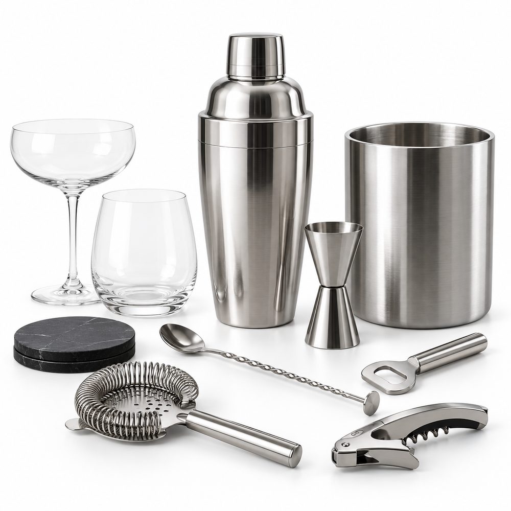 Bartillbehör med logotyp: shaker, drinkmått, barsked, sil, öppnare, glas och underlägg