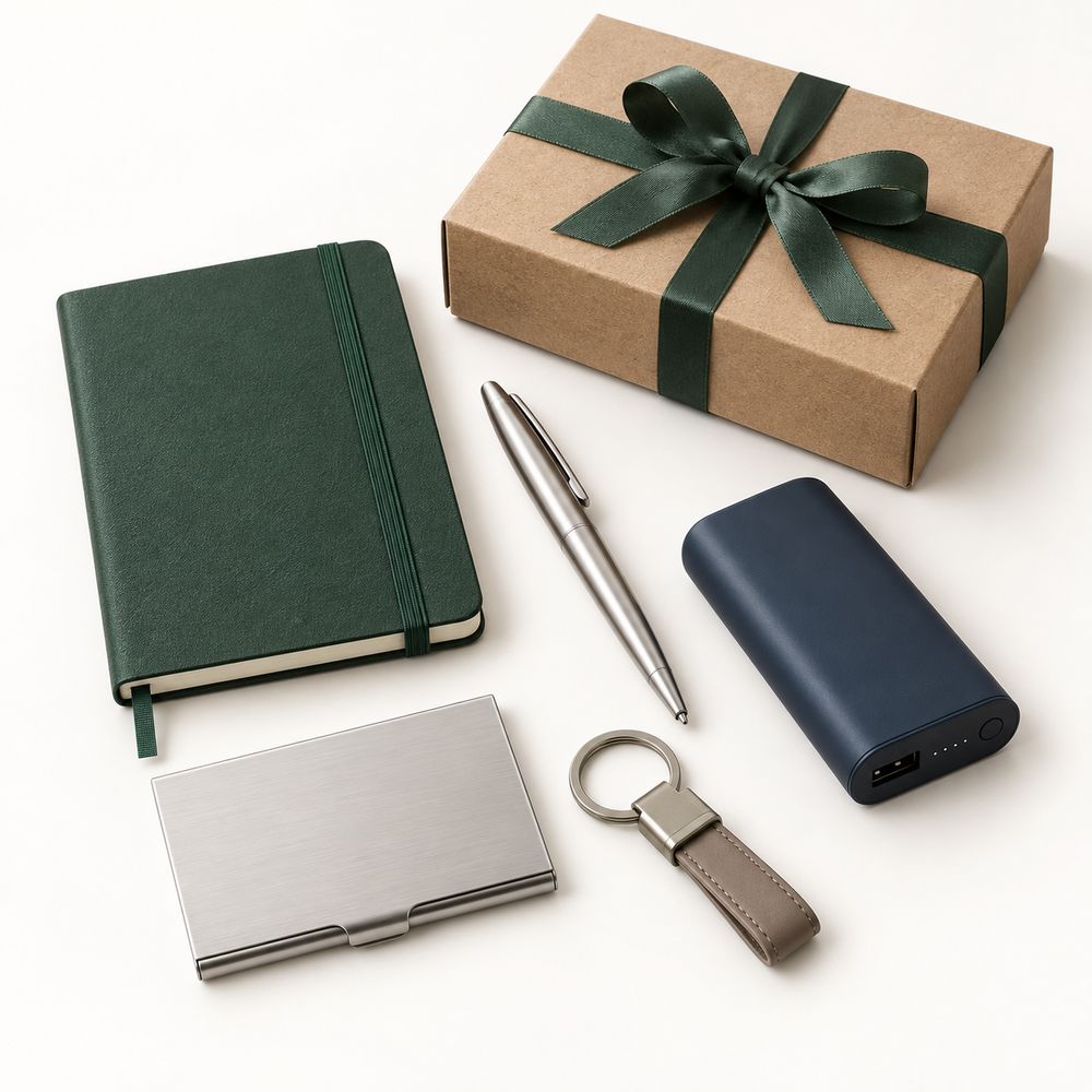 Petits cadeaux d’affaires à votre logo : carnet, stylo en métal, porte-cartes et batterie externe compacte