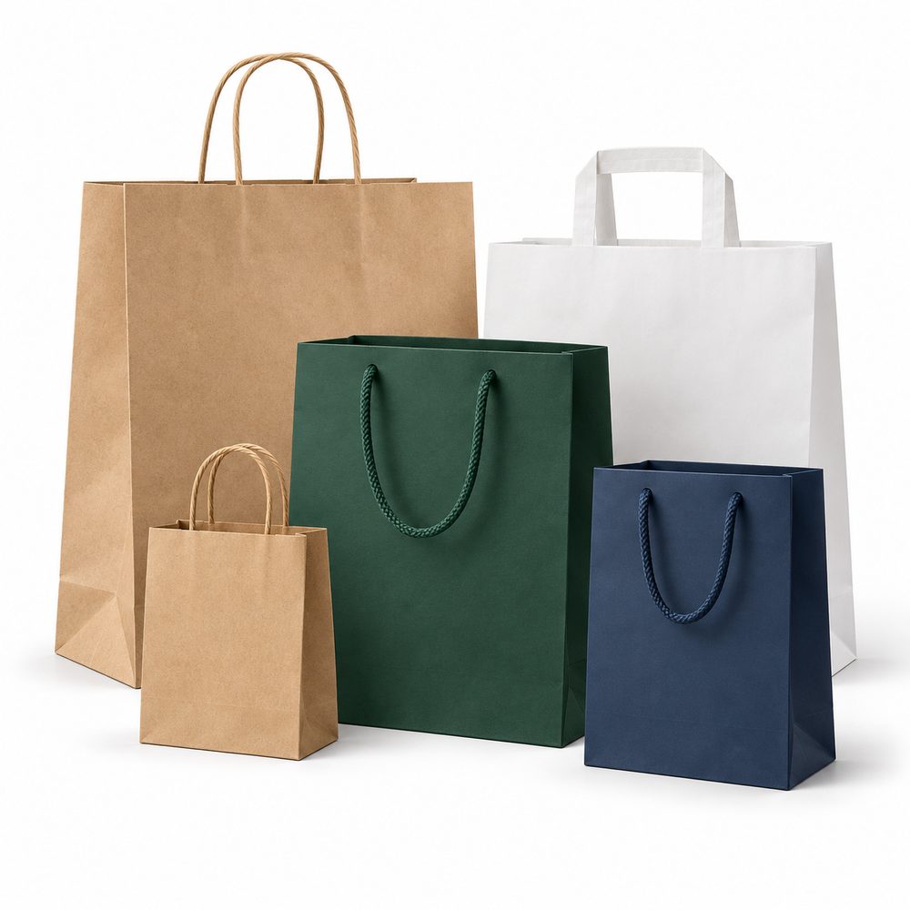 Types de sacs en papier pour l’impression de logos : kraft, blanc, vert et bleu marine