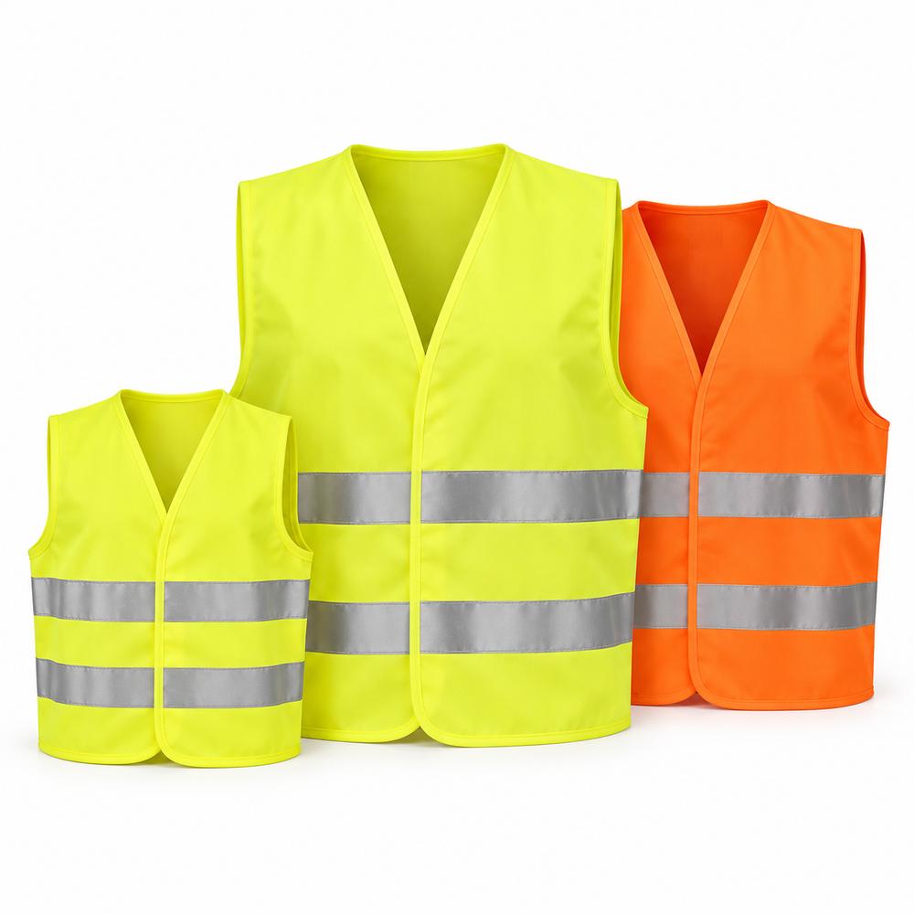Illustration de trois gilets haute visibilité sur fond blanc : modèles adultes jaune et orange et petit modèle enfant jaune