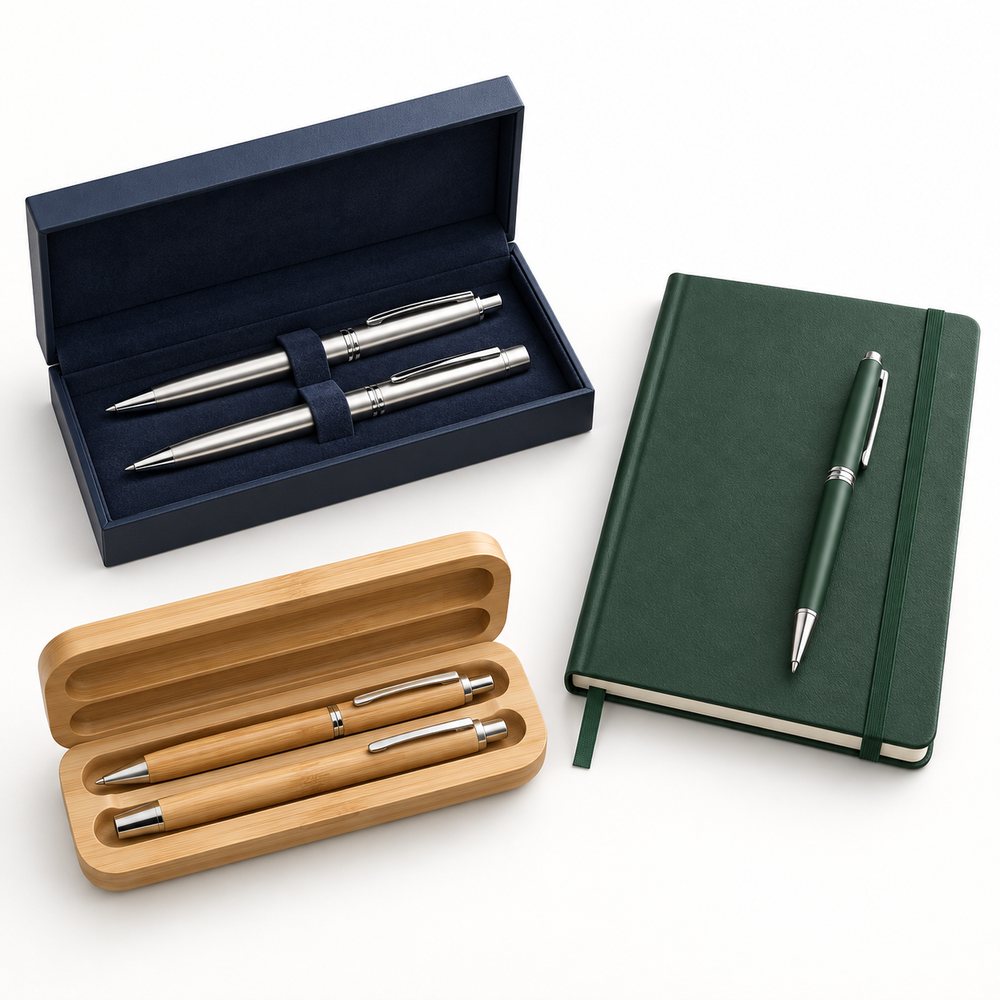 Coffrets d’écriture personnalisés : stylos en boîte, carnet et ensemble en bambou