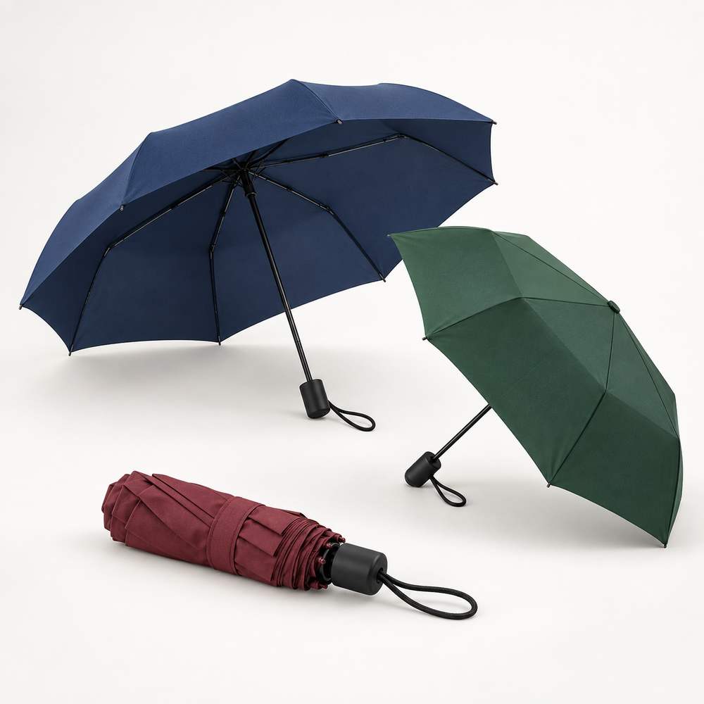 Trois petits parapluies : modèles ouverts bleu marine et vert et modèle plié bordeaux