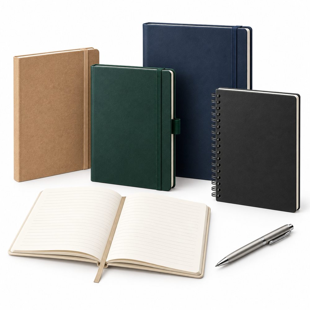 Carnets A5 à votre logo – couvertures variées, carnet ouvert et stylo en métal