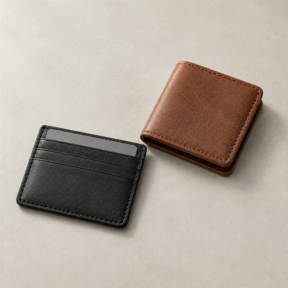 Illustration d’un étui à cartes noir fin et d’un portefeuille à cartes pliant marron
