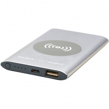 Juice 4000 mAh powerbank med trådlös laddning med logotyp, silver – detaljvy 4