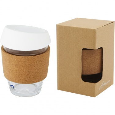 Lidan 360 ml mugg i borosilikatglas med korkgrepp och silikonlock med logotyp, Vit – detaljvy 4