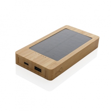 Brun Sunwick 10 000 mAh solcellspowerbank i bambu — perspektivvy, kan märkas med logotyp, Logo.ee