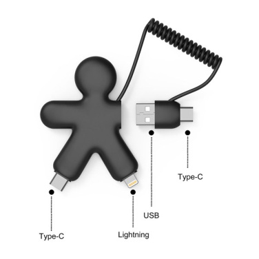 Svart Xoopar Buddy med märkta USB-, Type-C- och Lightning-kontakter