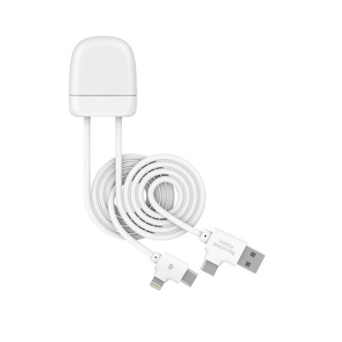 Vit ICE-Tag-kabel med Lightning/USB-C- och USB-A/USB-C-kontakt mot vit bakgrund
