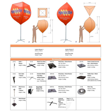 Måttritning av lyktflagga A och B med tabell över passande fötter och spett