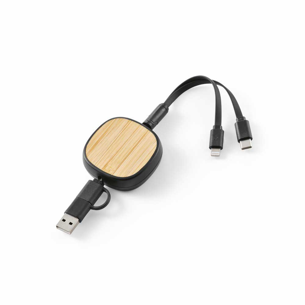 Bohr 3-i-1-kabel i rABS och bambu. 1 m utdragbar. 10W, Svart, produktbild