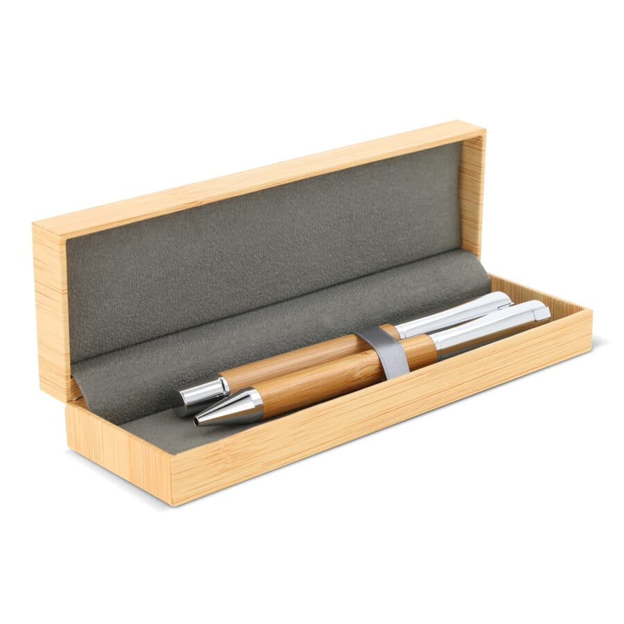 Kulspetspenna och rollerball penna i snygg presentask - bambu, trä, produktbild (1)