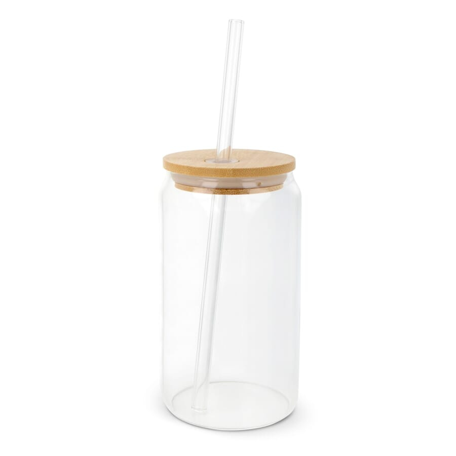 Glas med bambulock och sugrör 450 ml, transparent, produktbild (1)