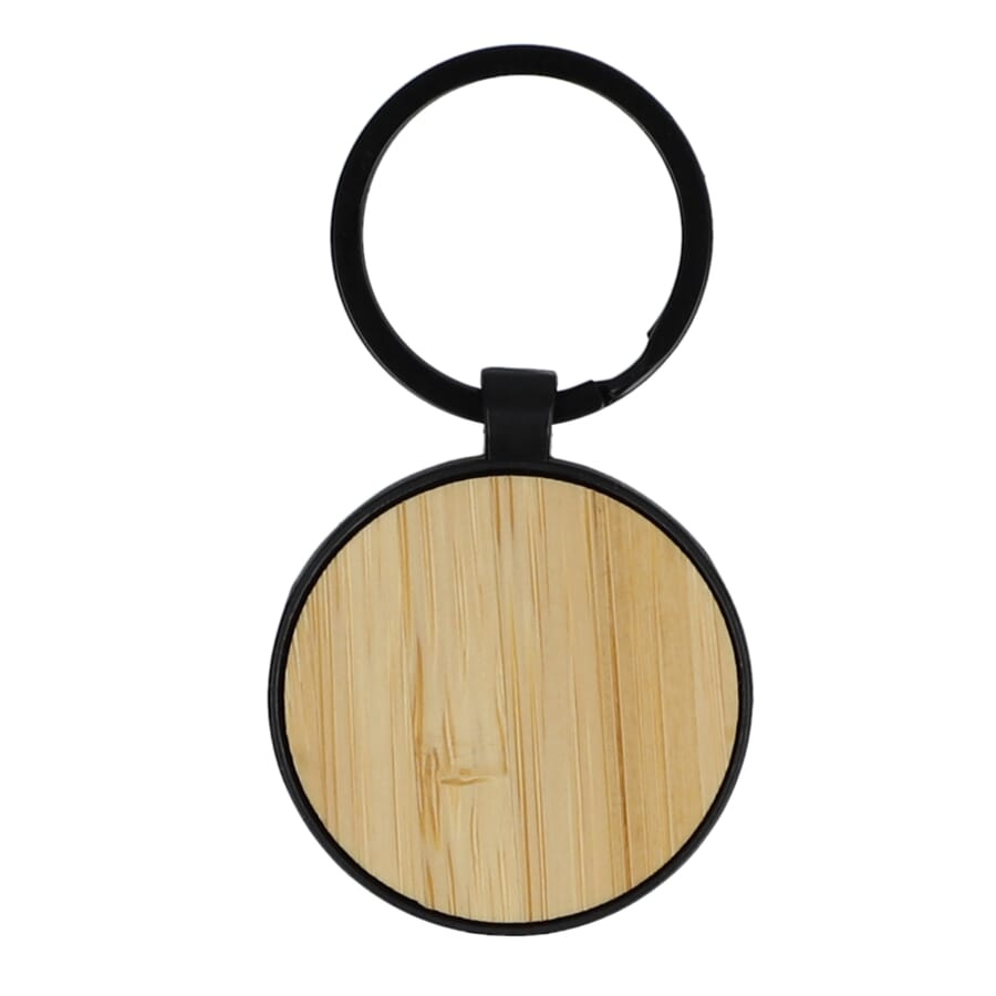Bambu- och metallnyckelring rund, svart, produktbild (1)