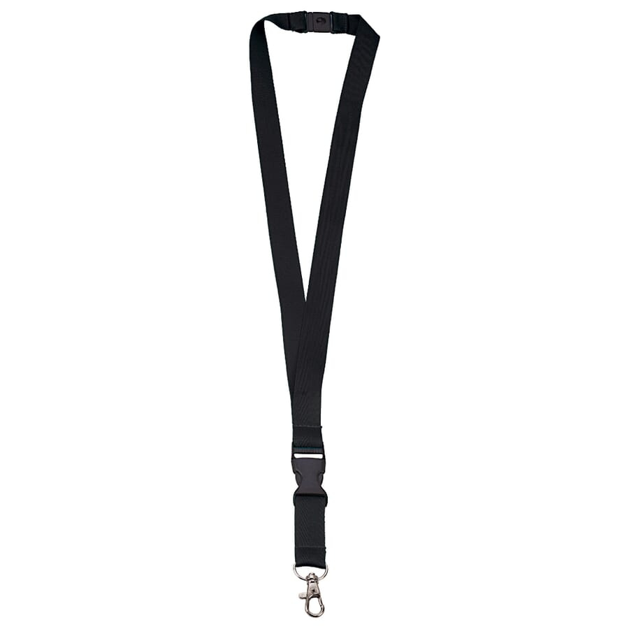 Nyckelband i polyester 20 mm med spänne och krok, svart, produktbild