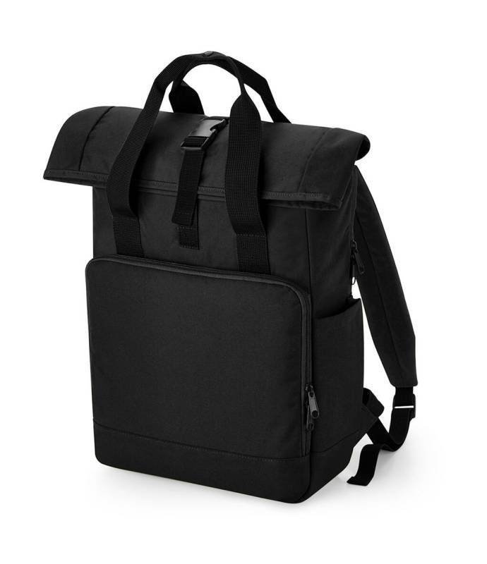 Återvunnen laptopryggsäck med dubbla handtag och rulltopp, svart - Bagbase (1)