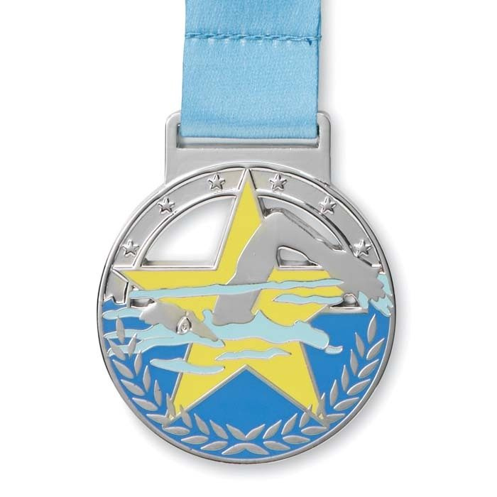 Medalj i zinklegering med hård emaljdesign. Öglesydda band., produktbild