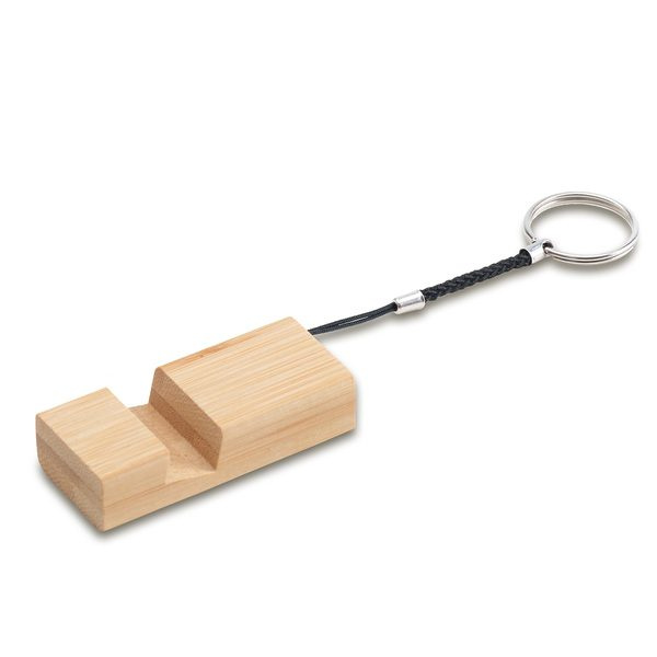 Nyckelring i bambu med telefonställ, beige, produktbild (1)