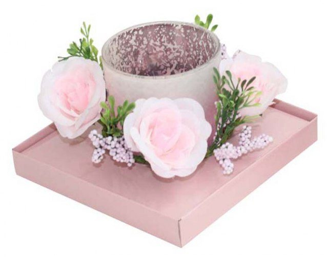 Rosa glasljus med blommor, produktbild (1)